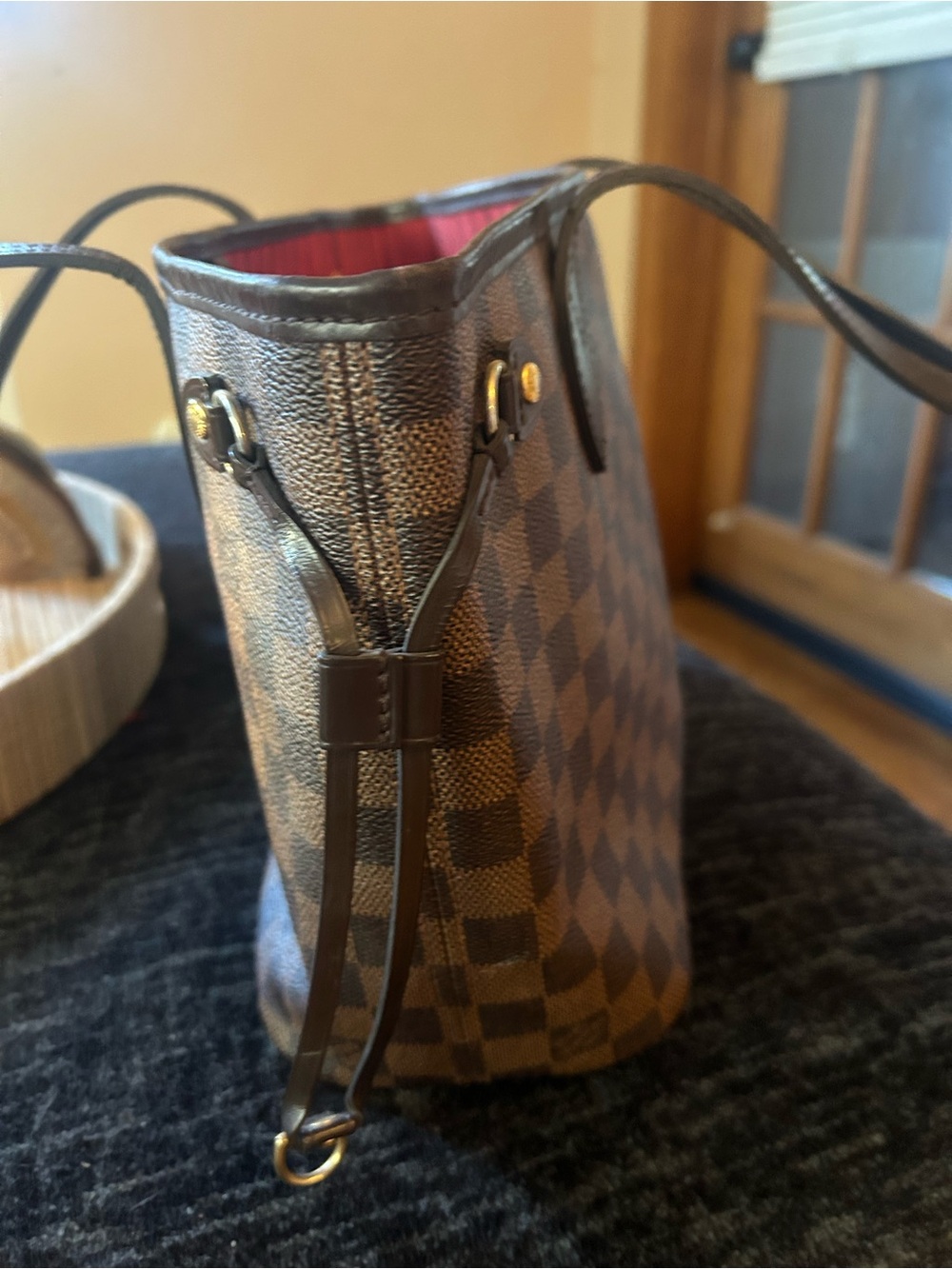 Louis Vuitton Brown Damier Ebene Tote with Red Interior and Gold Hardware